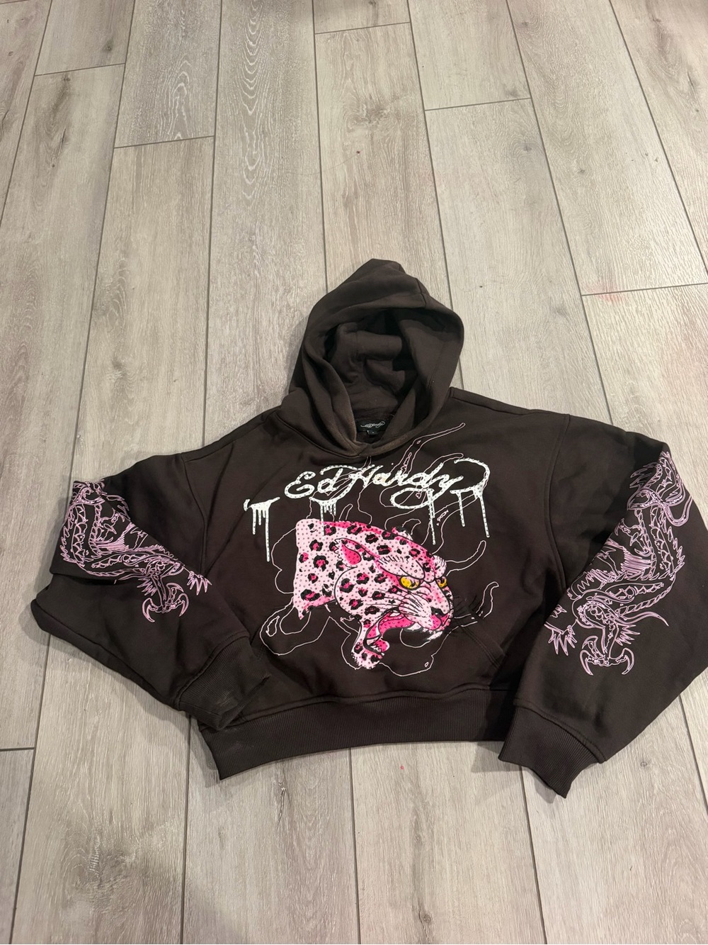 Ed Hardy Black Hoodie with Pink Leopard & Sleeve Dragons